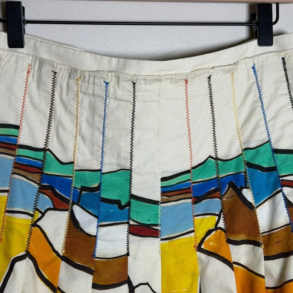 Zara Womens 100% Cotton Skirt M Artsy Multicolor Abstract Print Pleated Midi